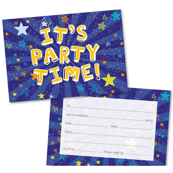 Absolutely Yours Party Invitations Pack of 36. Blue Starburst themed invitation with matching envelopes. 120 x 172mm. Party Invites, Birthday Party Invitations. Suitable for all ages.