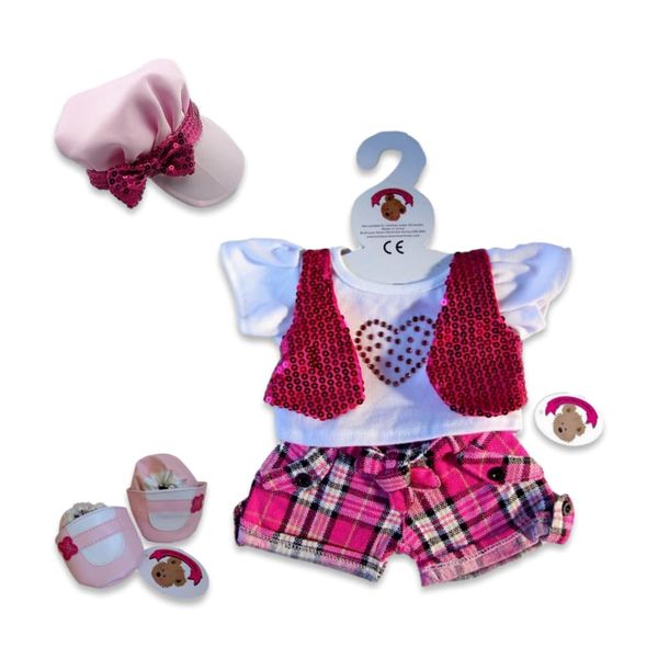 Build Your Bears Wardrobe Teddy Bear Clothes Check Outfit + Hat + Boots fits Build a Bear (pink)