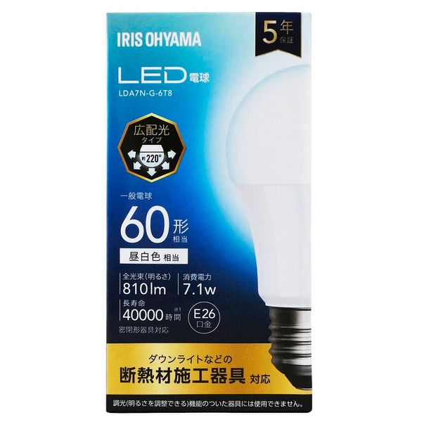 Iris Ohyama LDA7N-G-6T8 LED Bulb, E26, Wide Light Distribution, 60W, Daylight White