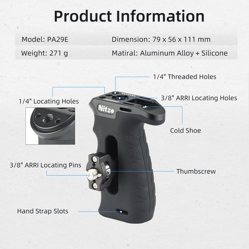 Nitze Ergonomic Side Handle with 3/8” Screw and Detachable Locating Pins for ARRI, Up/Down and Left/Right Adjustable, Rubberized Aluminum Locating Side Handle- PA29E