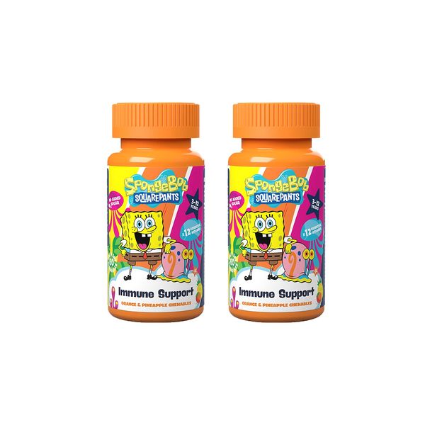 SpongeBob SquarePants Immune Support, 60 Orange & Pineapple Chewables with 12 Essential Vitamins, Vegan, No Added Sugar, for 3-12 Year Olds DUO Pack