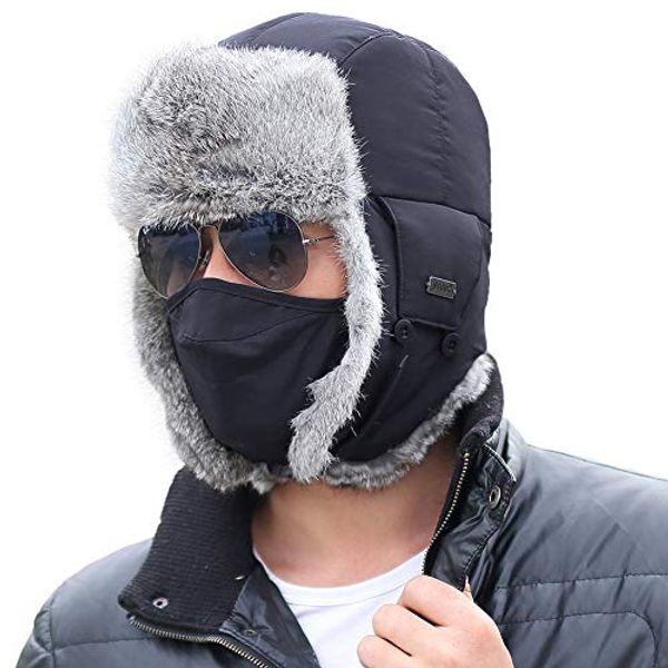 Mens Russian Navy Bomber Hat Earflap Winter Trooper Trapper 100% Real Rabbit Fur Hat for Women