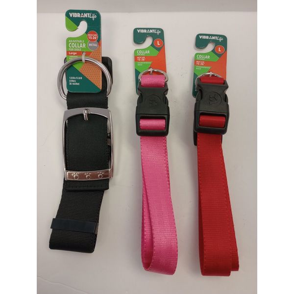 Vibrant Life Solid Nylon Dog Collar with Metal Clasp + 2 smaller ones all 15-26"