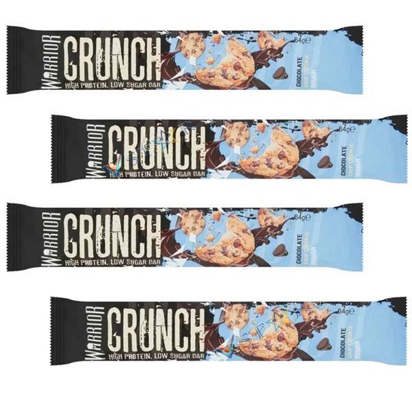 Warrior Crunch Chocolate Chip Cookie Dough,High Protein Low Sugar Bar Fudge Browni & White Chocolate Crisp Protein Bar, 64g (Pack of 4, Chocolate Chip Cookie Dough Flavour)