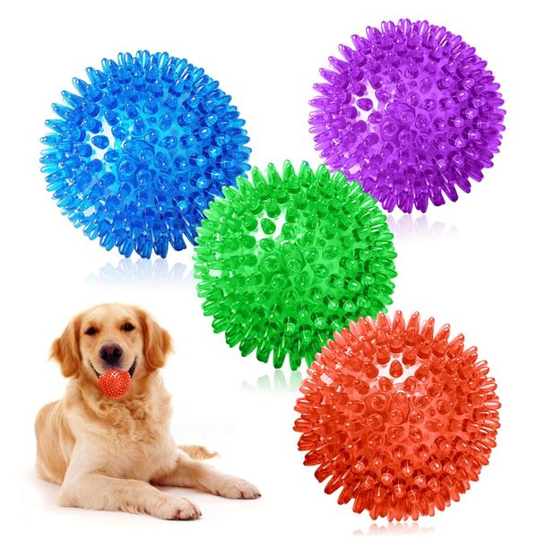 AYNKH Set of 4 Squeaky Dog Ball Toys, Indestructible Chew Spiky Balls for Puppy Small Medium Dogs Clean Teeth and Training, Floatable Pool Toy Toss Fetch Rubber Balls for Boredom and Stimulating