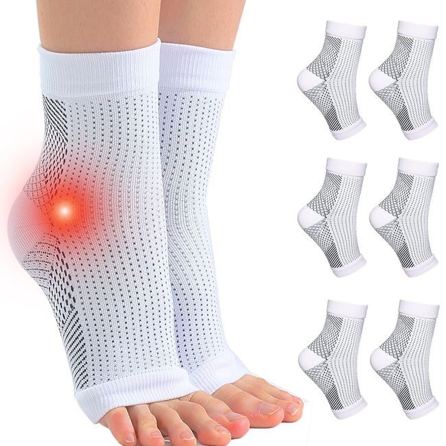 Kunoli Neuro Socks for Men Women, 6 Pairs Plantar Fasciitis Socks Neuropathy Socks, Ankle Compression Socks Neurosocks, Heel Support for Plantar Fasciitis (XXL, White)