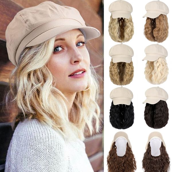 Qlenkay Newsboy Cap with Bob Hair Extensions Khaki Hat Wig 8 Panel Visor Beret Attached Synthetic 14'' Short Curly Wavy Hairpiece for Woman Bleach Blonde