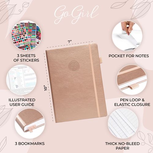 GoGirl Planner PRO Schedule - Undated Planner with Hourly Time Slots, Monthly, Weekly & Daily Organizer, Appointment Book for time Management, 7"x10" Hardcover, Lasts 1 Year - Rose Gold