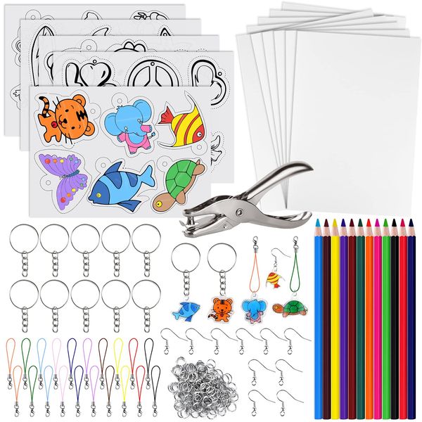 ASTARON 168 Pcs Shrinking Plastic Sheets Kit Includes 15 Shrinking Film Art Paper, Hole Punch, 12 Colored Pencils and 140 Pcs Shrinkles Keychain Jewelry Making Accessories for Kids Craft Supplies