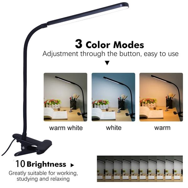 LED Desk Lamp Adjustable Lamp with Clamp Eye-Caring Reading Desk Light US