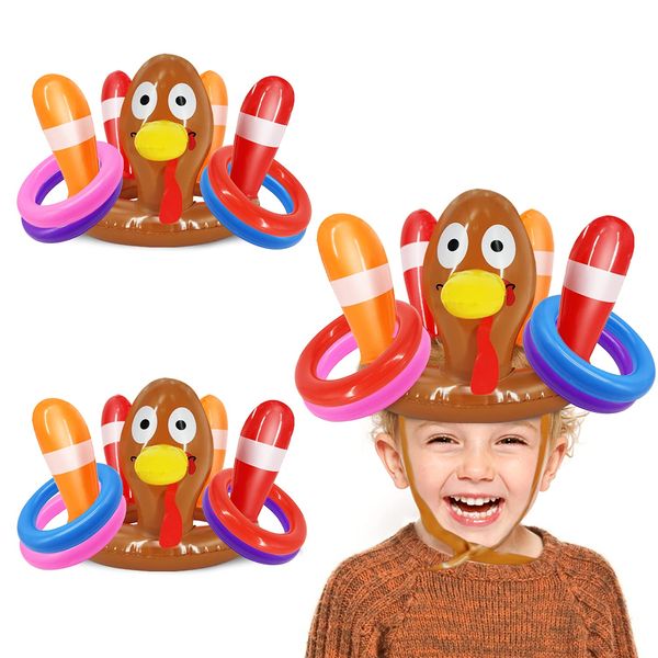 3 Pack Thanksgiving Ring Toss Games Toys for Kids Thanksgiving Inflatable Turkey Hat Toss Games Thanksgiving Family School Party Favors Supplies Indoor Outdoor Party Game(3 Turkey Hats, 12 Rings)