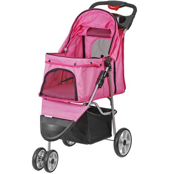 3-Wheel Foldable Pet Stroller Dog Cat Stroller Cart w/ Pads & Cup Holder Pink