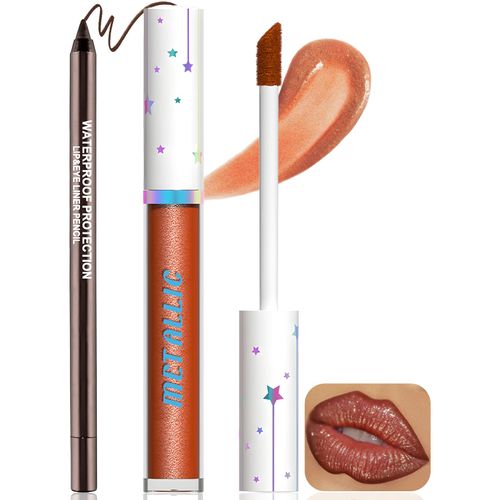 Wugbc Glitter Lipstick Brown Lip Liner Pencil, Metallic Liquid Lipstick and Lip Liner Combo Set, Non Stick Cup Lip Gloss Precise Lip Liner, High Impact Lip Color Bronze Lipstick for Women Makeup