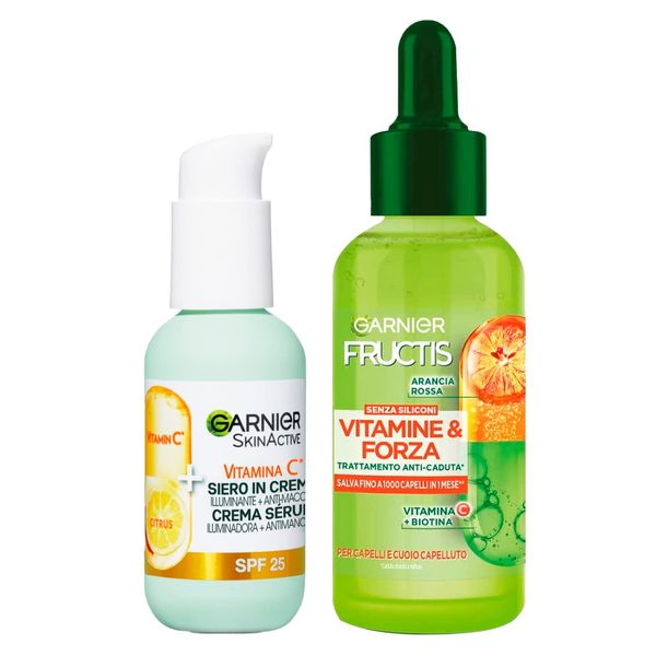 Garnier Fructis Vitamins and Strength Anti Hair Loss Treatment with Biotin and Vitamin C 125ml + Skinactive Vitamin C Illuminating and Anti Stain Face Serum Cream with SPF25 50ml