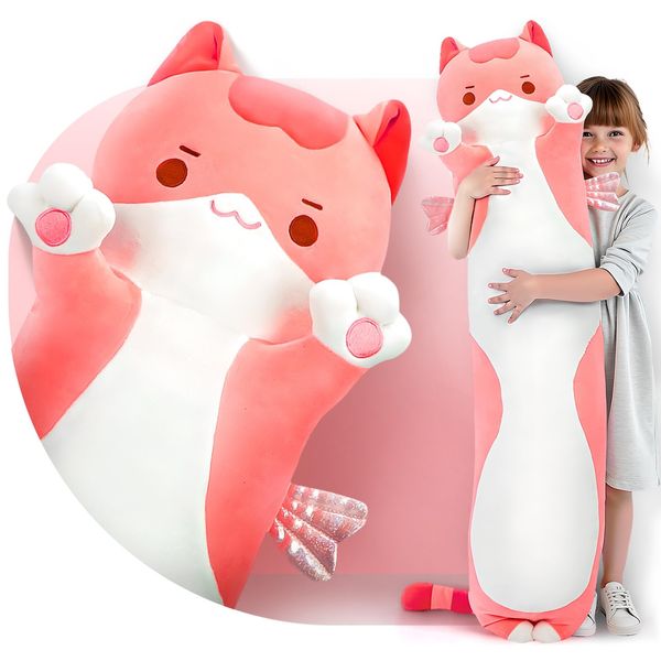 Long Cat Plush 5 Sizes, 120% Extra Filling Giant Plushness Body Pillow, Kawaii Cute Pink Cat Stuffed Animals Soft Stuffed, Extra-Long Pillow Cat Plushies Gift for Girls Kids 20"