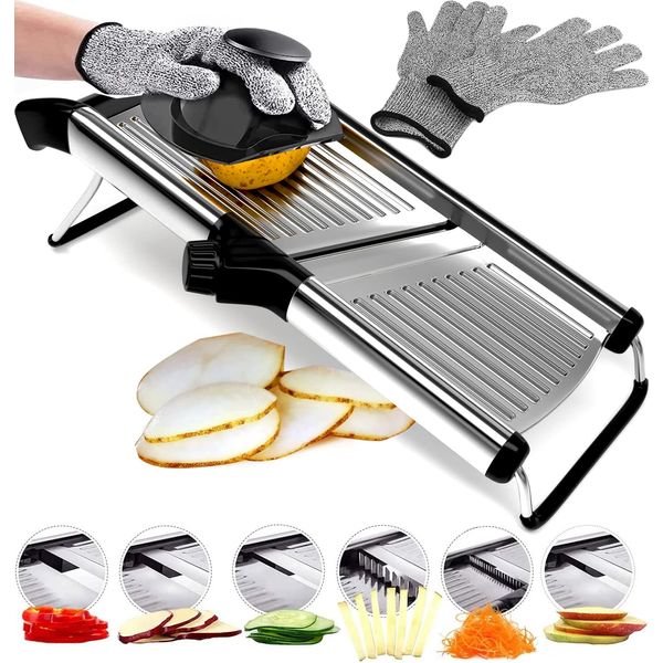 Mandoline Slicer – 6-Setting Adjustable Mandoline Slicer for Kitchen, 16.5 x 5 In. Platform, Hand Guard, Cut-Resistant Gloves – Vegetable Chopper, Meat Slicer, Cheese Slicer by Medove