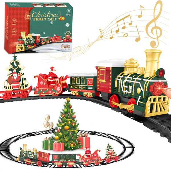 Gretex Electric Train Set with Light for Toddlers Age 3 4 5 Year Old: Christmas Train Sets for Around The Tree with Adjustable Sound and Music Christmas Birthday Gift for Kids Age 6 7 8+