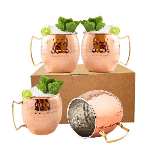 BOLD & DIVINE Copper Plated Moscow Mule Mugs Set of 4 | 18 Oz Hammered Copper Cups with Stainless Steel Lining Gold & Brass Handles with Copper Straws & Shot Glass | Perfect for Bars, Parties & Gifts