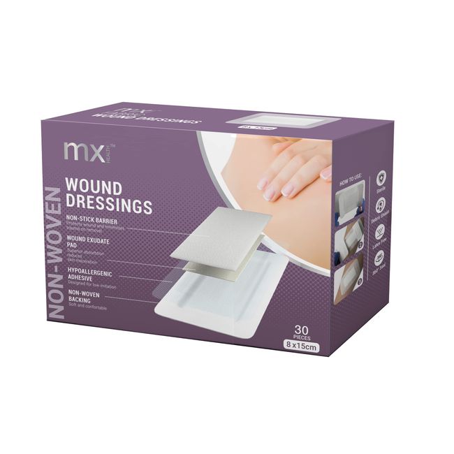 mx HEALTH Fabric Wound Dressing - 6X10CM (3X6.5CM Wound PAD) - 30 Individually Wrapped DRESSINGS PER Box