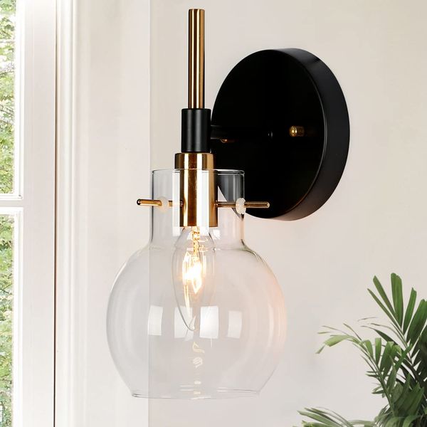 Sconces Wall Lighting, 1-Light Black and Gold Wall Sconce with Clear Globe Glass Shade, Modern Farmhouse Wall Sconces in Antique Brass and Black Finish