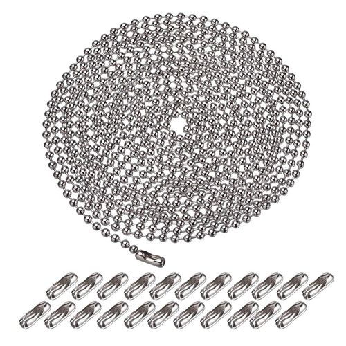 16.4 Feet Ball Bead Chain, Metal Beaded Pull Chain Extension with Connector Ball Chain Keychain Beaded Roller Chain with 20 Matching Connectors (3.2 mm, Silver）