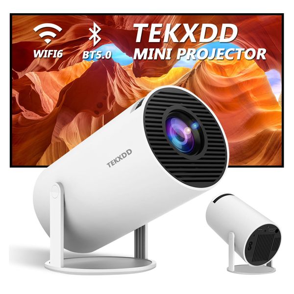 TEKXDD 4K Mini Projector with WiFi 6 and Bluetooth 5.0/200 ANSI Native Outdoor Movie Projector, Portable Smart Projector Home Theater Compatible with iOS/Android/PC/DVD/PS5 (White)