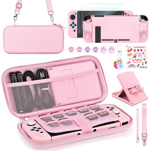 Younik Switch Accessories Bundle, 15 in 1 Switch Accessories Kit for Girls Include Switch Carrying Case with 9 Game Card Slots, Adjustable Stand, Protective Case for Switch Console & J-Con (Pink)