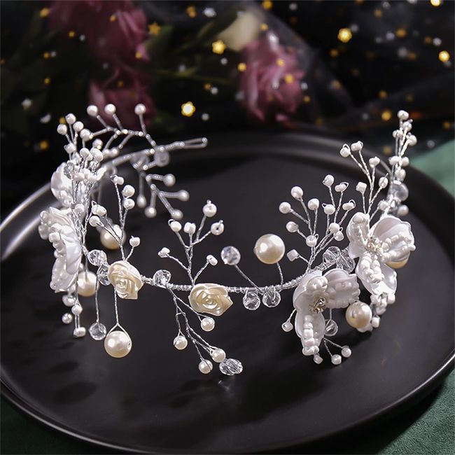 Flower Bridal Hair Accessories,Bride girl Hand Knitting Wedding Hair Accessories,Pearl headband for Weddings, Banquets and Parties … (Silver Leaf)