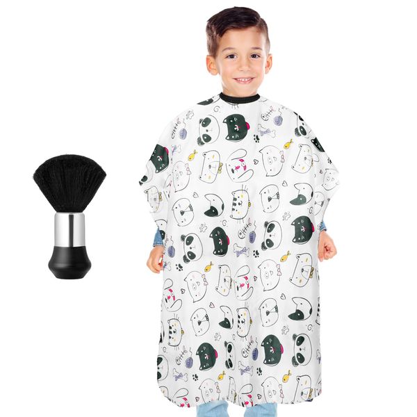 Kids Haircut Cape, Professional Kids Barber Cape with Neck Duster Brush Salon Hair Cutting Cape with Adjustable Snap Closure Waterproof Cartoon Hairdresser Apron (Cartoon Cat)