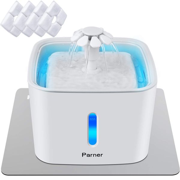 Cat Water Fountain, Parner 2.5L Cat Water Dispenser with Water Level Window, Cat Water Bowl with 4Pcs Filters & 1 Silicone Mat, Automatic Pet Drinking Fountain with LED Light, Night-vision