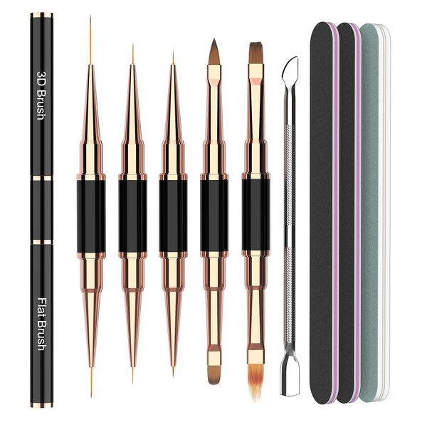 Nail Art Brush Set, Acrylic Nail Brush Kit for Gel Polish Nails, Nail File and Cuticle Pusher, Nail Design Brush and Double End Professional Nail Art Tool for Salon or DIY Manicure