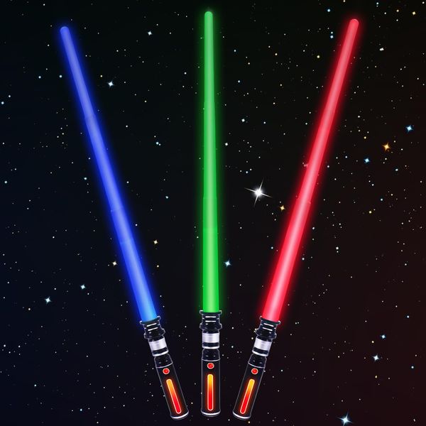 Light Saber, Light Sabers for Kids 3 Packs 3 Colors LED Expandable Dual Light Swords Set with Sound (Motion Sensitive), Gifts for Christmas, Galaxy War Fighters