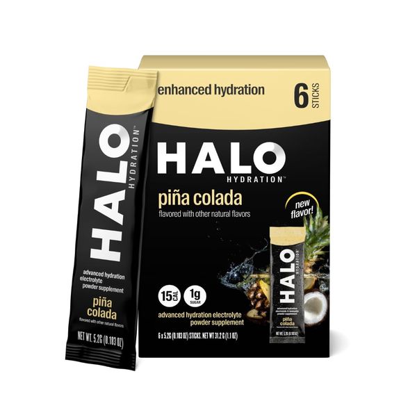 HALO Hydration - Electrolyte Drink Mix | Hydration Powder Packets | Pina Colada Flavor – for Sports and Cycling | Easy Open Single Serving Stick | 6 Sticks