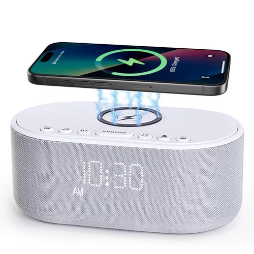 Odokee Sound Machine Alarm Clock Wireless Charger: Bluetooth 10W Stereo Sound Speaker Bedroom - White Noise Machine for Sleeping with 21 Soothing Sounds