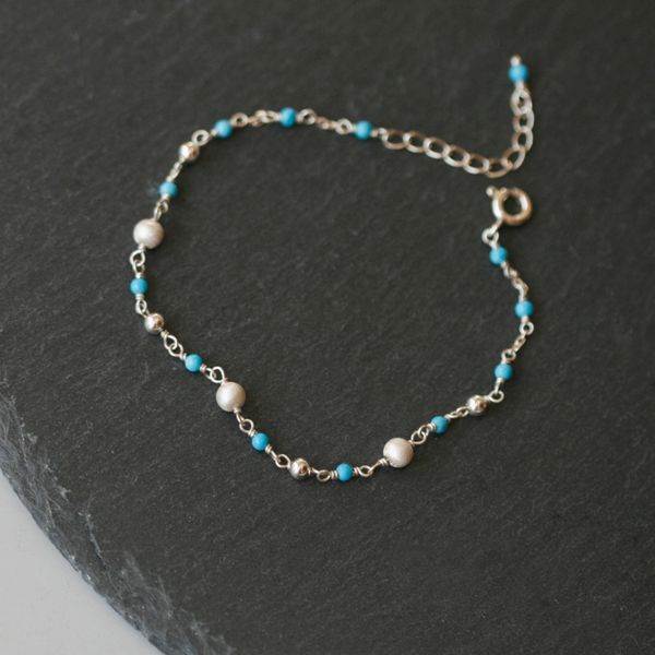 Silver 92.5 Sand Ball Turquoise Silver Ball Handmade Chain Silver Bracelet