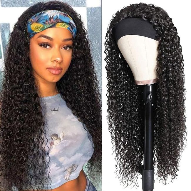 Bellarayine Headband Wig Human Hair Deep Wave 20 Inch Human Hair Headband Wig Glueless Curly Hair Human Hair Wigs None Lace Front Wigs Human Hair for Black Women Human Hair Natural Color