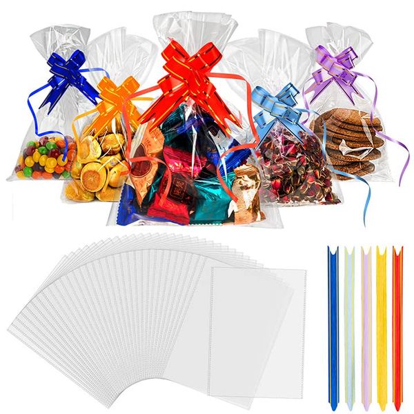 Recon Up Cellophane Bags, Cookie Bags With Colorful Pull Bows, Clear Gift Bags For Food Storage, Flat Sweet Bags For Gifts On Special Occasions (6x10 Inch (Pack of 100))