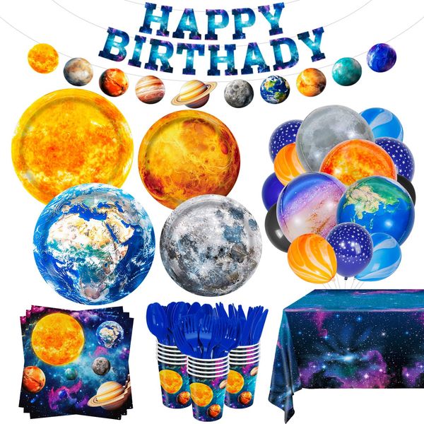 XIENBLOC 228pcs Outer Space Birthday Party Supplies Space Party Plates Napkins Disposable Cups Tableware Set Tablecloth Banner and Balloons Boys Space Solar System Birthday Party Decorations 30 Serve