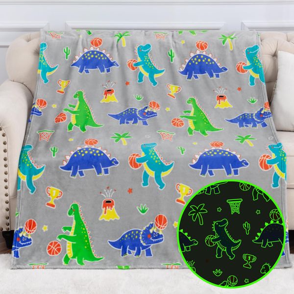 Dinosaur Toy Gifts Blankets Glow in The Dark for Boys Girls, Dino Basketball Hoop Bed Decor for Kids Teens, Star Volcano Fun Dinosaurs Toys Gift for Age 3 4 5 6 7 8 9 10 Year Old Birthday Christmas