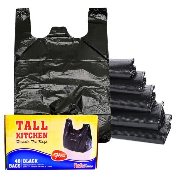 HANDLE TIE FLEX BLACK TALL KITCHEN TRASH BAGS, 13 GALLON, 48 CT