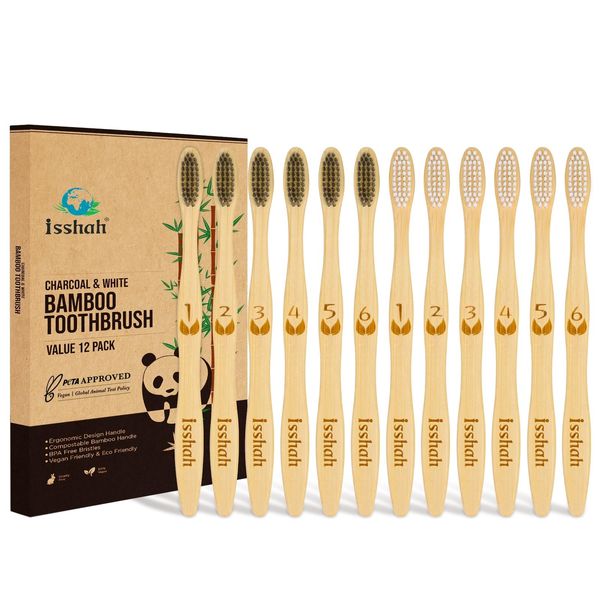 Bamboo Charcoal Toothbrush Extra Soft Bristle Natural Toothbrush 12 Pack