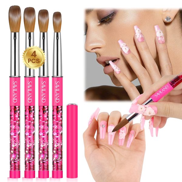 Saviland Nail Brush for Acrylic Nails Professional: Size 6,10,12,14 Kolinsky Acrylic Brush Pink for Powder Application Finger Toe Nail Art Extension 3D Carving for DIY Manicure Tools Kit Women Men