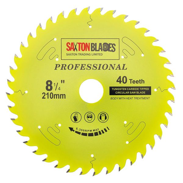 TCT21040TPRO Saxton Professional Range TCT Circular Saw Blade 210mm x 40T x 30mm Bore, 16, 20, 25mm, 25.4mm Reduction Rings Compatible with Evolution Festool Bosch Makita Dewalt