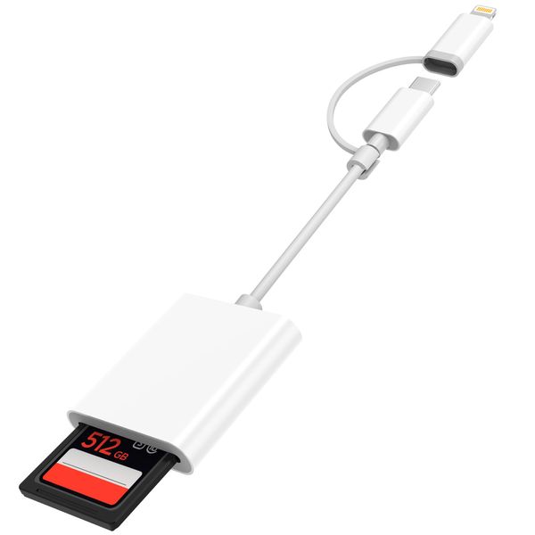 SD Card Reader for iPhone iPad, Dual USB-C & Lightning Connector Memory SD Card Adapter, Support SD/MicroSD Cards, High-Speed Trail Camera Viewer, Plug and Play