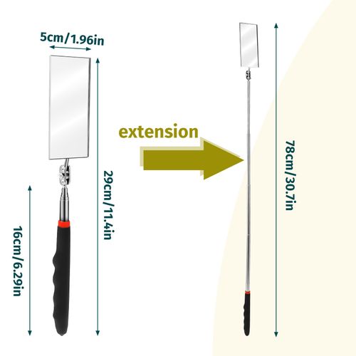 Telescoping Inspection Mirror Rectangle Telescopic Mechanic Mirror Extendable Machine Tool Long Inspection Mirrors for Checking Vehicle Condition (30.71 Inch Mirror Stick)