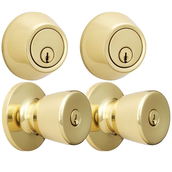 Hyper Tough Keyed Entry Polished Brass Tulip Doorknob and Deadbolt Combo Twin