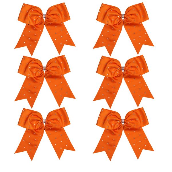 8 Inch Jumbo Cheerleader Bows with Bling Fling Rhinestones Ponytail Holder Cheerleading Bows Hair Tie 6 Pcs College (Orange)