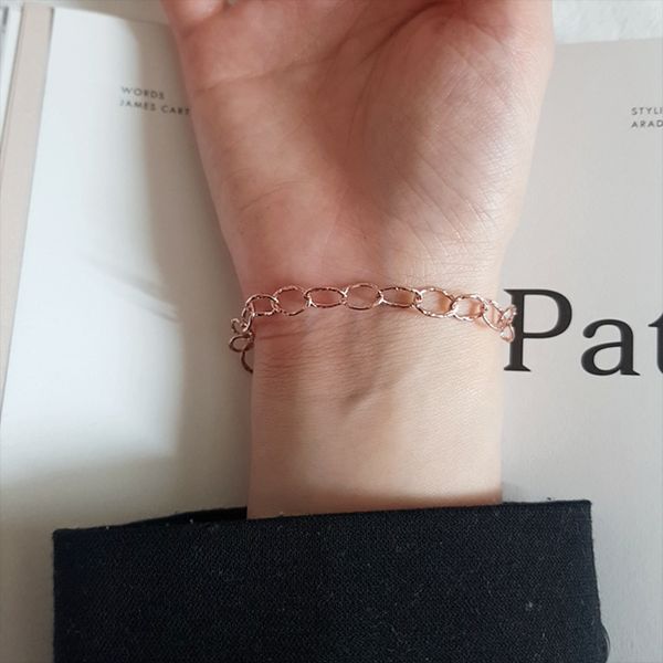 [Free Shipping] 925 Silver Rose Gold Circle Ring Cutting Layered Chain Women&#39;s Silver Bracelet