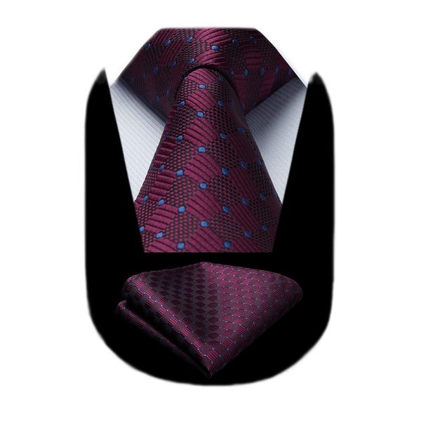 HISDERN Burgundy Blue Ties for Men Wedding Maroon Tie Pocket Square Set Red Wine Silk Plaid Polka Dot Neckties Handkerchief Formal Magenta Necktie