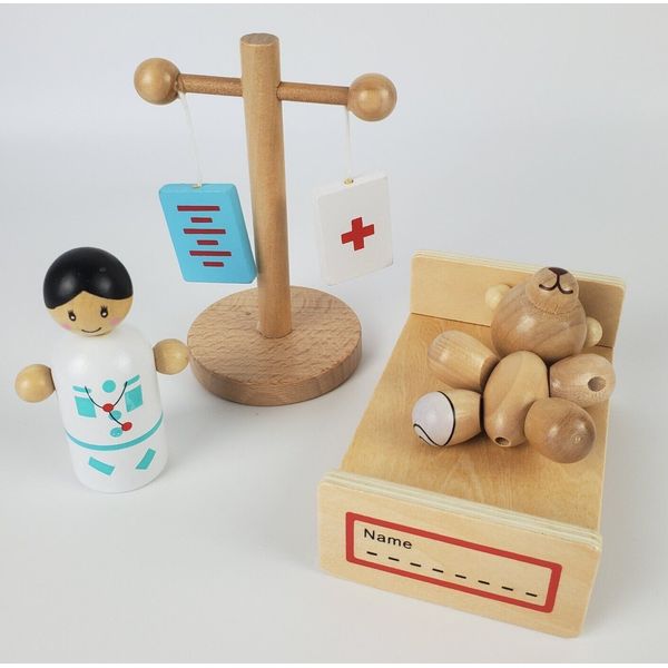 Wood 3" Peg Toy Doctor Nurse Teddy Bear Hospital Cast Elastic String Medical Bed